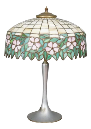 Antique Tiffany Style Stained Art Glass Pink Floral Leaded Slag Table Lamp