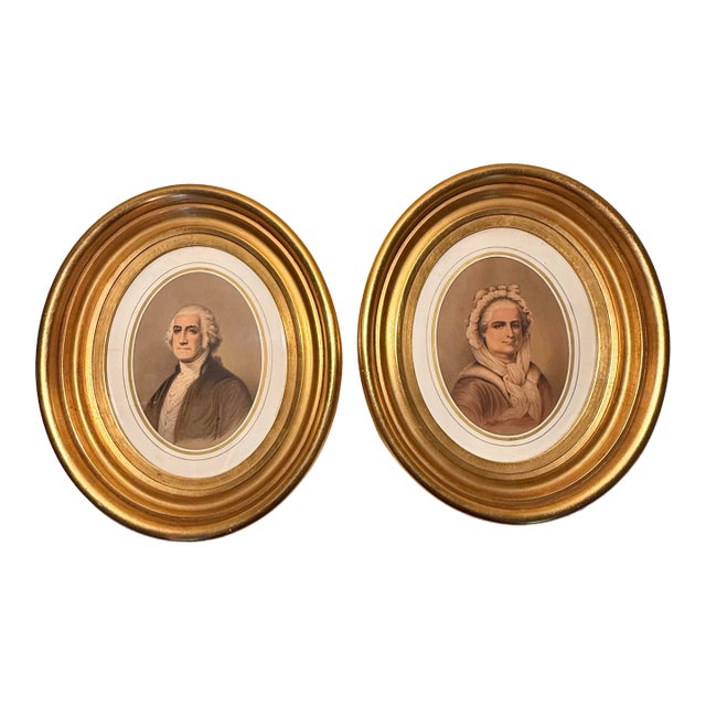 Antique Oval Framed George & Martha Washington Portrait Prints - A Pair For Sale