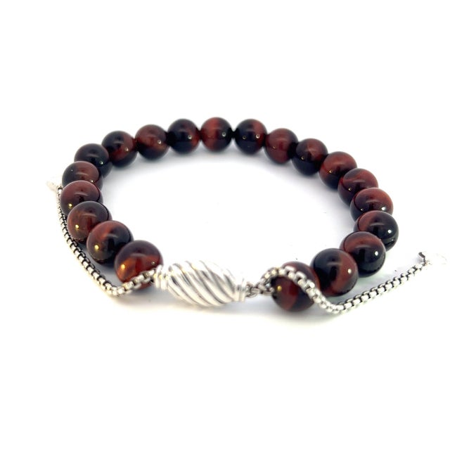 1990s David Yurman Tiger Eye Spiritual Beads Bracelet 6.6 - 8.5" Silver 8 Mm Estate For Sale - Image 14 of 15