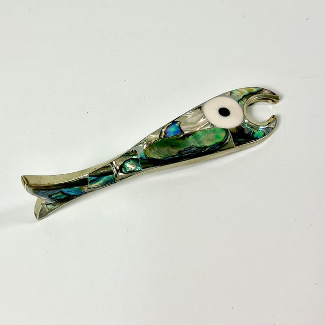 Mexican 1970s Vintage Coastal Boho Chic Alpaca Mexico Sterling Silver & Abalone Shell Bottle Opener. For Sale - Image 3 of 12