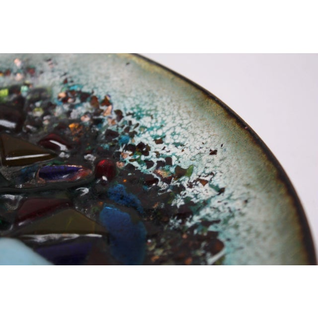 Abstract Modernist Green Enamel on Copper Dish With Glass Decoration For Sale - Image 3 of 12