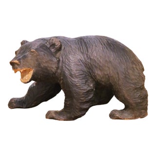 Mid-Century Asian Hand-Carved Walnut Bear Sculpture Signed For Sale
