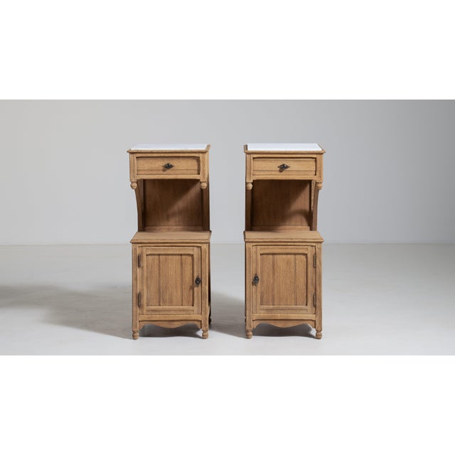 Wood Pair of Eclectic Oak Side Tables with Marble Tops, Antique, France, Circa 1900 For Sale - Image 7 of 15