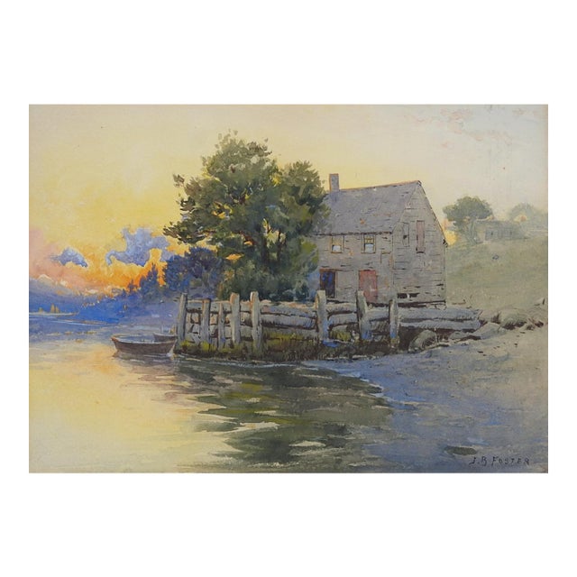 Late 19th Century River Homestead at Evening Sunset Watercolor Painting For Sale