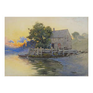 Late 19th Century River Homestead at Evening Sunset Watercolor Painting