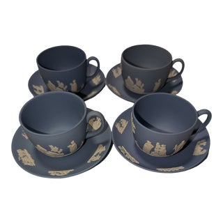 Wedgwood Blue Jasperware Tea Cups & Saucers- 8 Pieces For Sale