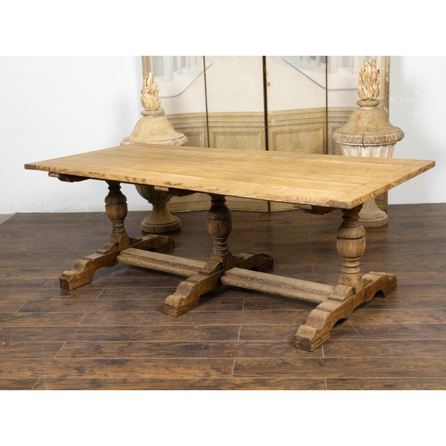French 19th Century Bleached Oak Farm Table with Trestle Base and Baluster Legs For Sale - Image 10 of 12