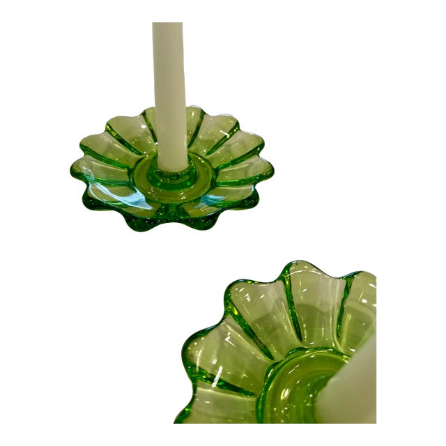 A dazzling pair of Federal Glass candleholders in the Celestial Limelight pattern, produced between 1972 and 1979. These...