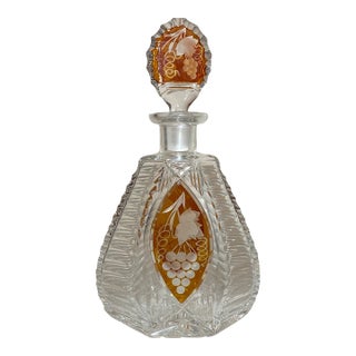 Vintage Orange Cut to Clear Czech Bohemian Crystal Glass Liquor Decanter Bottle For Sale
