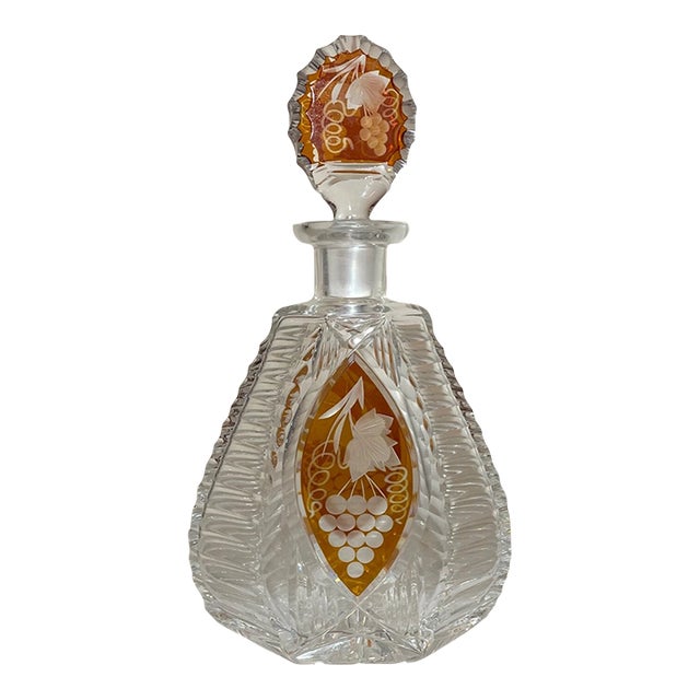 Vintage Orange Cut to Clear Czech Bohemian Crystal Glass Liquor Decanter Bottle For Sale