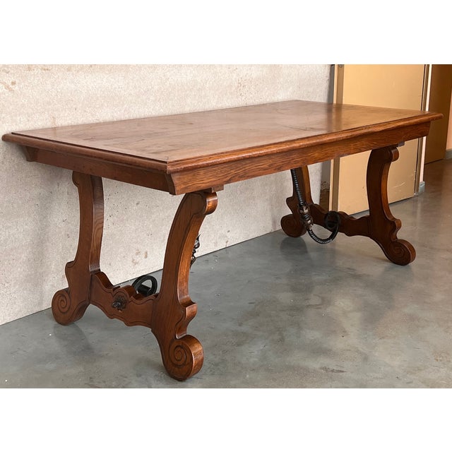 Baroque 20th Century Spanish Oak Lyre Legs Trestle Dining Farm Table For Sale - Image 3 of 12