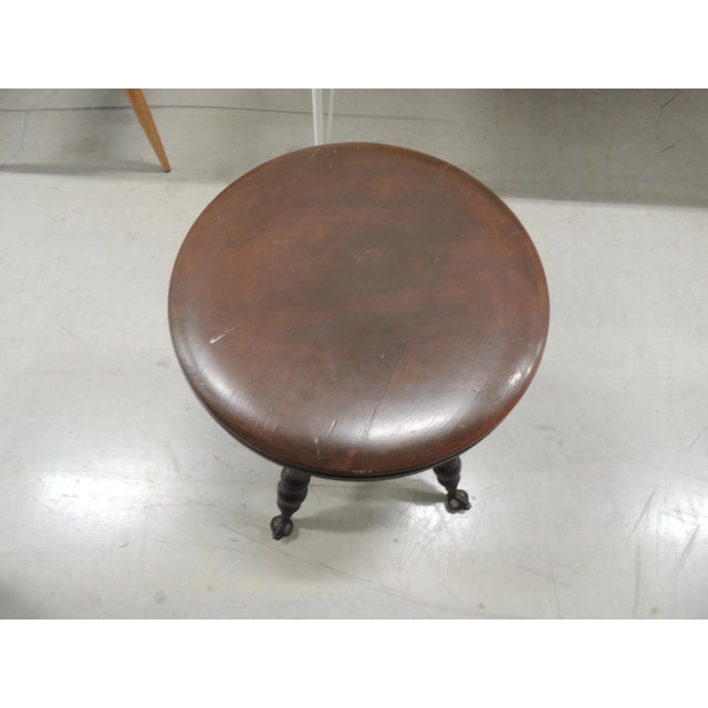 Wood Antique Round Victorian Wood Swivel Piano Stool With Claw & Ball Feet For Sale - Image 7 of 7