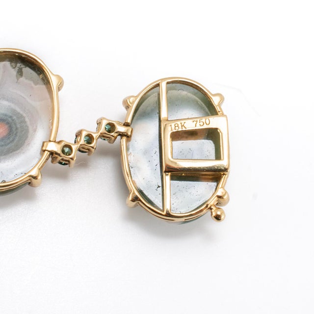 Metal 18k Yellow Gold Jasper Cabochons & Green Treated Diamonds Station Link Bracelet For Sale - Image 7 of 8