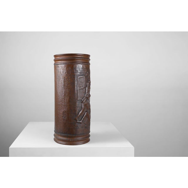 Copper Umbrella Stand with Hammered Relief of Medieval Café, France, 1900s For Sale - Image 6 of 13