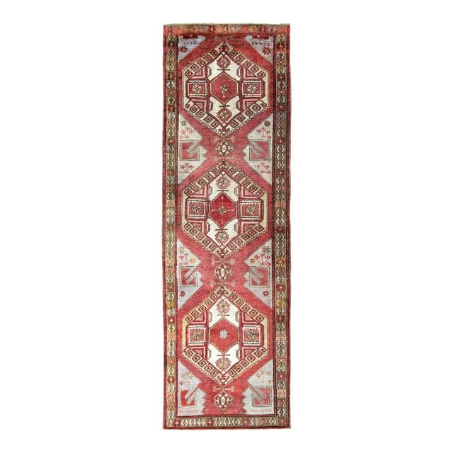 Vintage Turkish Oushak Gallery Runner With Geometric Design in Red, Olive Green For Sale
