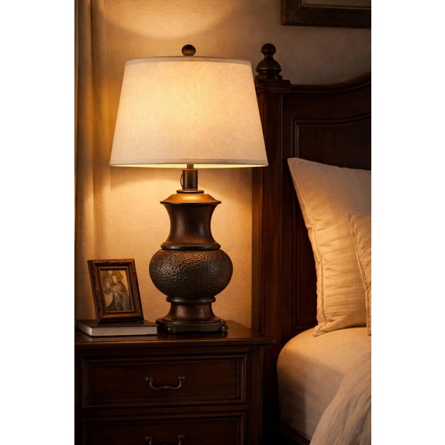 Late 20th Century Sculptural Hammered Urn Table Lamps – Old World Bronze Finish, Linen Shades, 32” - a Pair For Sale In Los Angeles - Image 6 of 7