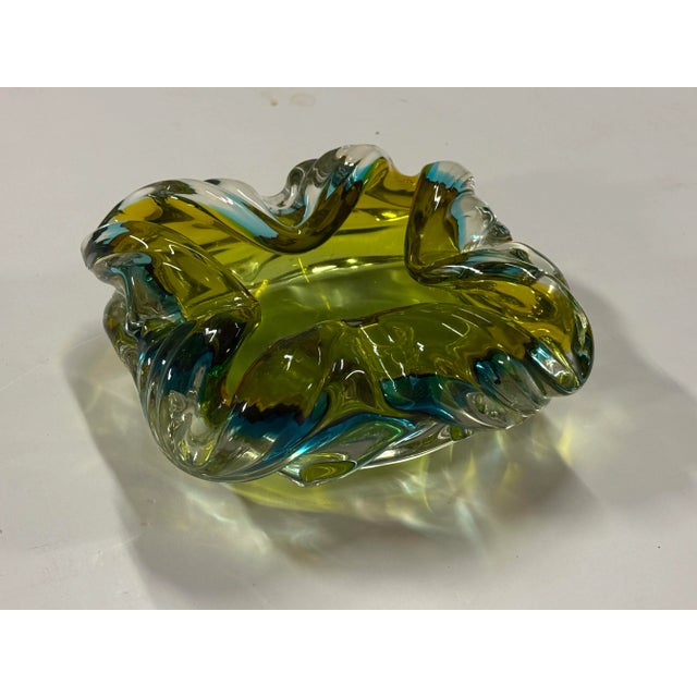 Murano Style Hand Blown Green With Blue Ashtray For Sale - Image 9 of 12