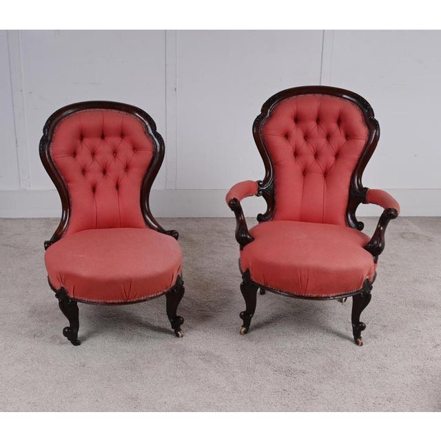 Victorian Balloon Back His and Hers Parlour Salon Chairs, Set of 2 For Sale - Image 3 of 3