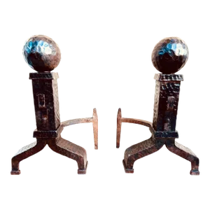Antique Hand Forged Hammered Iron Canon Ball Andirons- a Pair