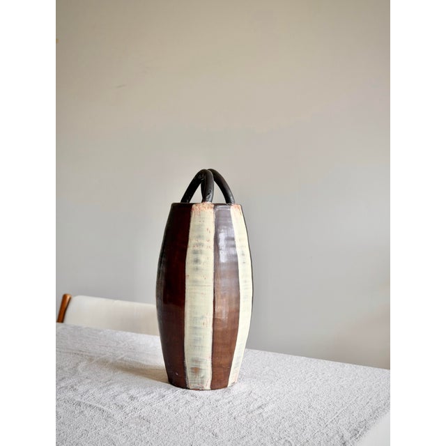 Brown Mid 20th Century Studio Pottery Loop Handle Vessel, Hand-Thrown Ceramic Vase, Earth Tone Glaze, Organic Modern Sculptural Form For Sale - Image 8 of 11