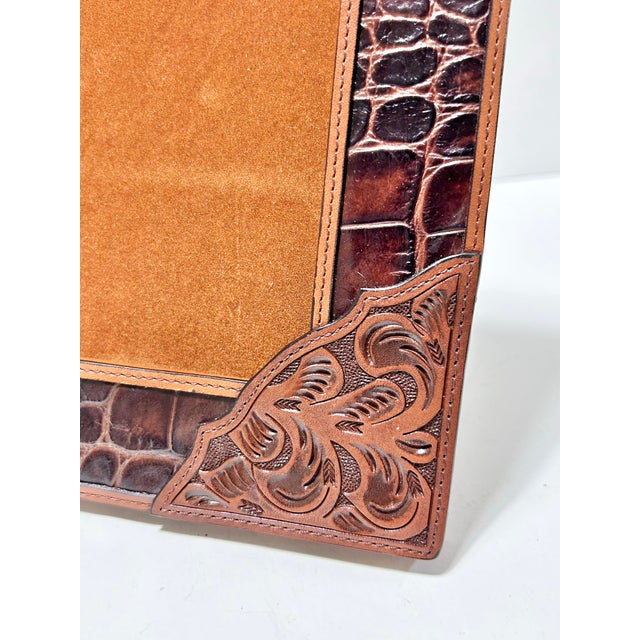 Glass 1970s Southwestern Tooled Leather Picture Frame With Croc Embossed Accents For Sale - Image 7 of 10