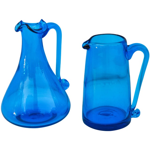 French Vintage Blue Glass Creamers - Set of 2 For Sale - Image 3 of 5