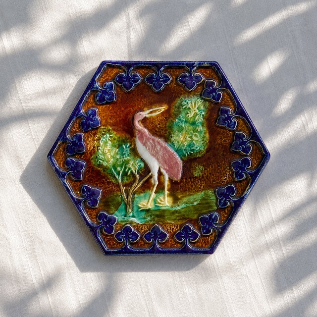 French Trivet in Polychrome Barbotine with Pink Bird, 1860 For Sale - Image 3 of 8
