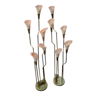 1950s Mid-Century Modern Brass White Calla Lily Floor Lamps - a Pair For Sale