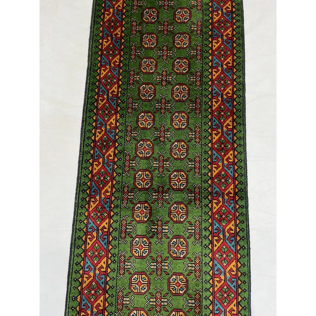 Art Deco Green Mori Gul Tribal Geometric Runner Rug, 2'7" X 12'11" For Sale - Image 3 of 14