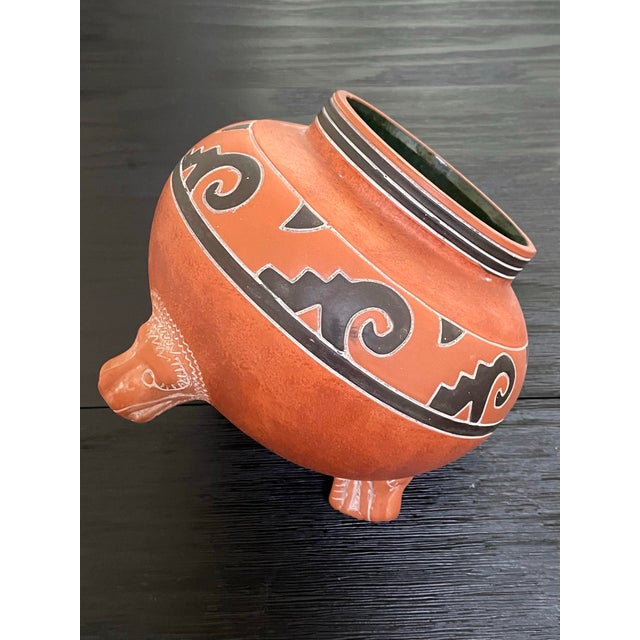 Vintage Aztec Mayan red clay folk art three foot pottery pot perfect for use as a planter or vase, great animal head feet,...