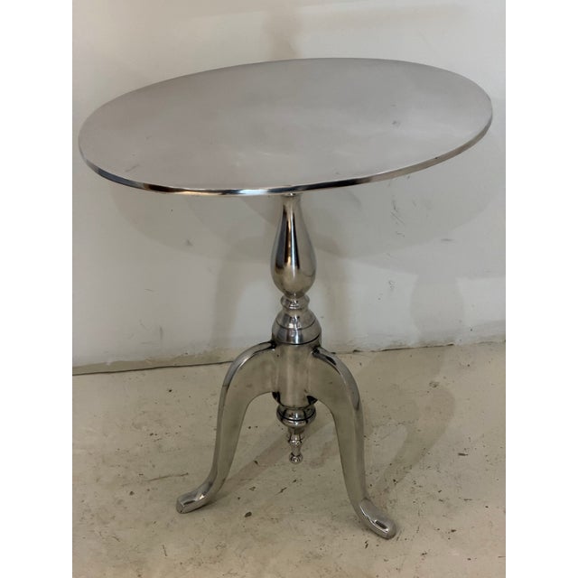 Modern Polished Aluminum Oval Pedestal Side Table With Sculptural Tripod Base For Sale - Image 3 of 10