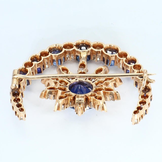 Mid 20th Century Mid 20th Century 14k Rose Gold Crescent Brooch With Blue Sapphire & White Diamonds For Sale - Image 5 of 5
