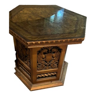 1970s Vintage Gold Glass Wood Hexagonal Table For Sale