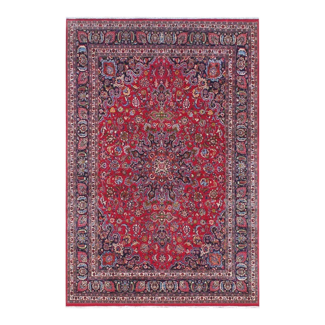 Art Noueau Persian Red/Blue Wool Rug - 9'7'' X 12'11'' For Sale