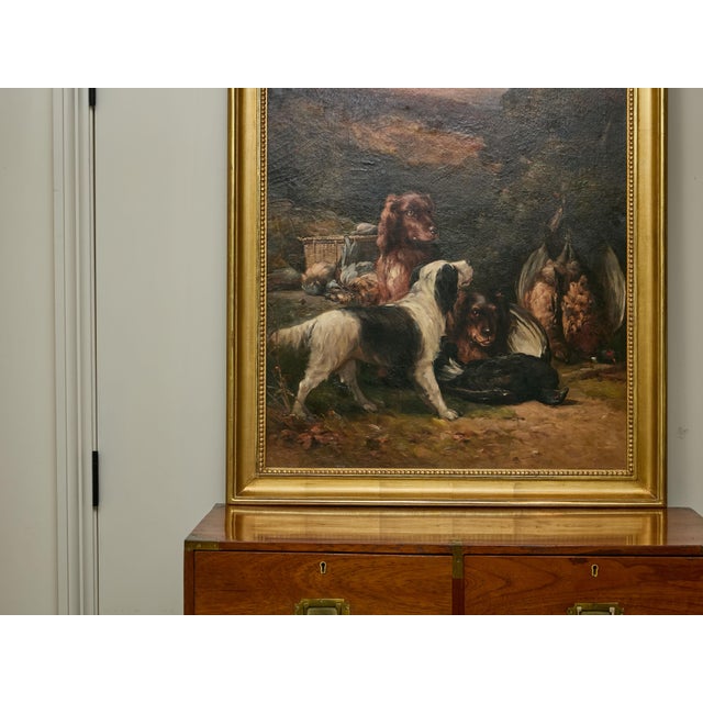 English Mid 20th Century English Oil on Canvas Hunt Painting of Three Dogs and Their Catch in Frame For Sale - Image 3 of 8