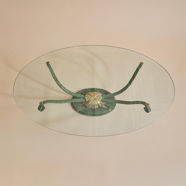 1980s Vintage French Iron + Bronze Oval Glass Coffee Table For Sale - Image 5 of 11