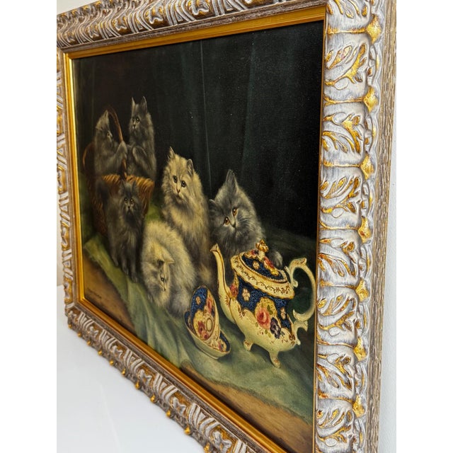 British Persian Cat Oil Painting by Agnes Augusta Talboys Rwa With Decorative Tea Service For Sale - Image 4 of 18
