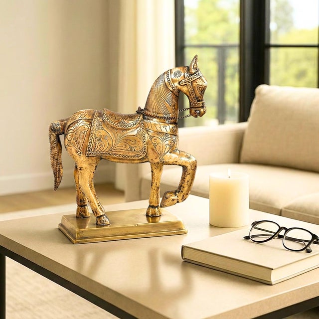 Invite the spirit of a bygone era into your home with this breathtaking Vintage Solid Wood Carved Horse Statue. Standing...