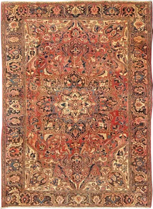 Vintage Heriz With Large Medallion in Soft Red, Navy Blue, Light Blue and Cream Colors