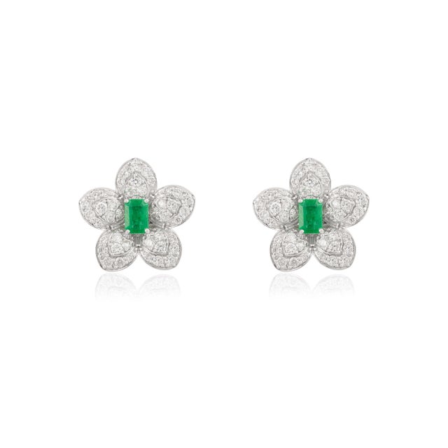 Metal Emerald Encompassed With Diamonds Floral Stud Earrings in 14k White Gold- A Pair For Sale - Image 7 of 11