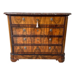 19th Century French Louis Philippe Burl Walnut Marble Top Chest of Drawer / Commodes For Sale