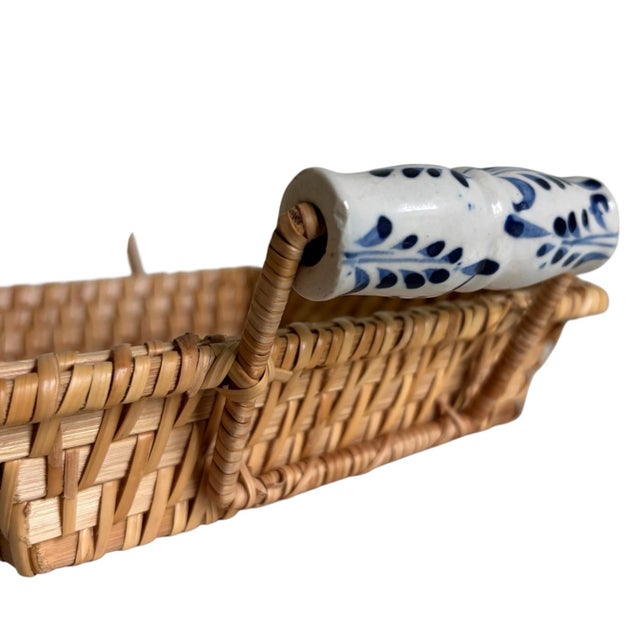 Vintage Rattan Napkin Holder Blue White Porcelain Handles For Sale - Image 4 of 5