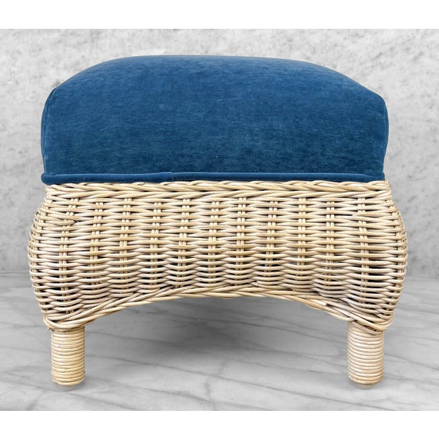1970s Vintage 70s Coastal Natural Wicker Blue Suede Footstool Ottoman For Sale - Image 5 of 10