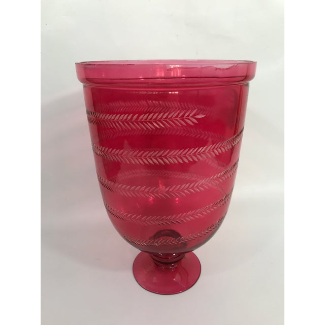 Red Etched Glass Candle Hurricane For Sale - Image 4 of 8