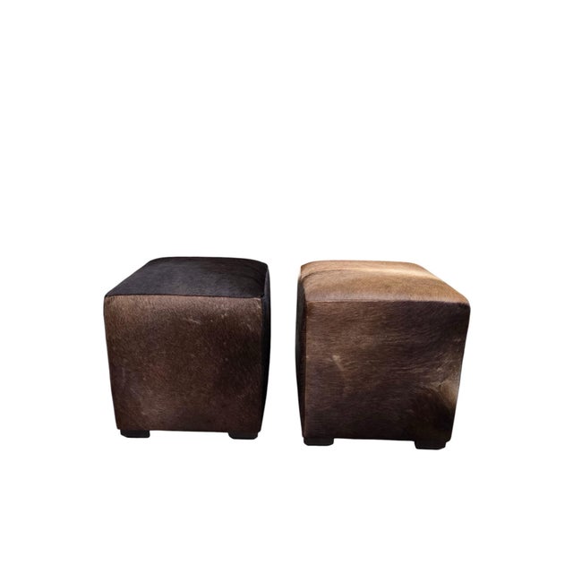Brown Mid 20th Century Cube Ottomans Newly Reupholstered in Genuine Hair-on-Hide Steer Hide - Pair For Sale - Image 8 of 12