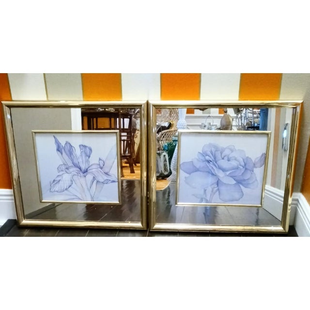 Vintage Mirrored Framed Floral Hollywood Regency Watercolor Prints Art Work- a Pair For Sale - Image 12 of 12