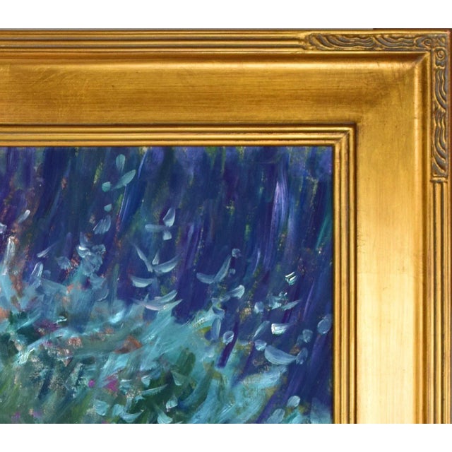 Purple Vintage American Impressionist Landscape Painting With Roses and Bird Bath For Sale - Image 8 of 9