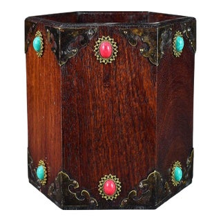 Vintage Huali Wood Hexagonal Brush Holder, Copper Corners and Jade-Like Stones For Sale