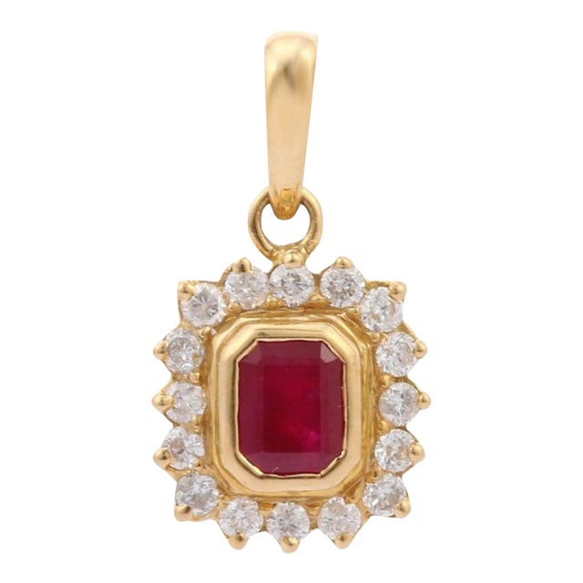 18k Yellow Gold Natural Ruby Pendant Necklace With Halo of Diamonds For Sale