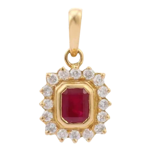 18k Yellow Gold Natural Ruby Pendant Necklace With Halo of Diamonds